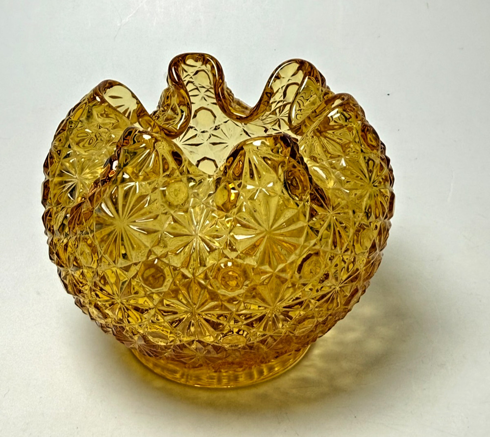 Vintage Daisy And Button Yellow Amber Glass Crimped Rose Bowl Vase Mid Century